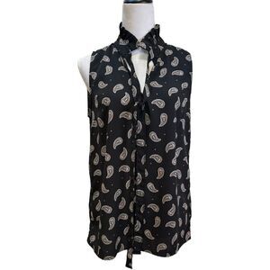 LuLu's Black Paisley Print Sleeveless Tie‎ Neck Blouse Top Women's Size S